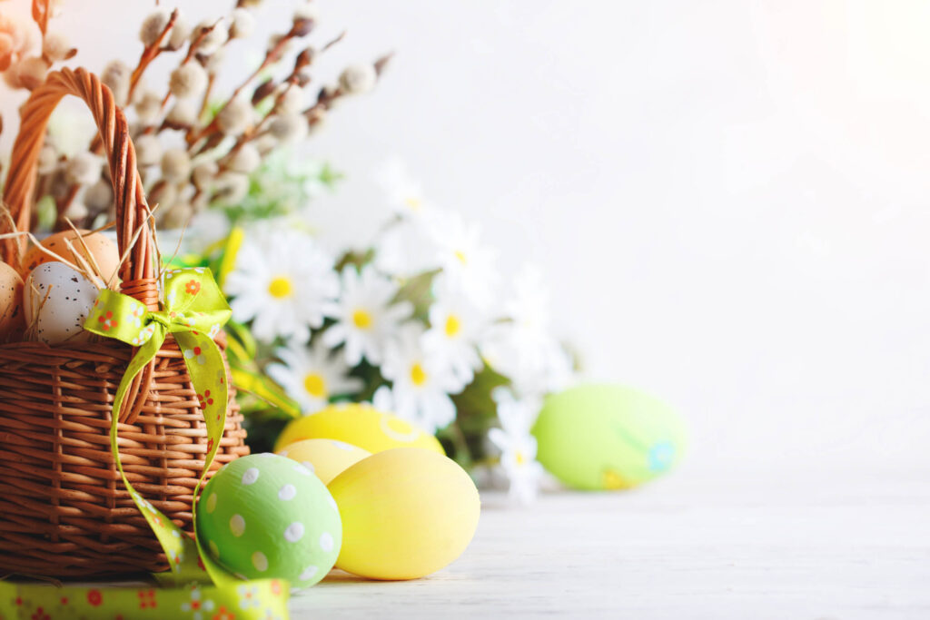 An Easter basket filled with speckled eggs