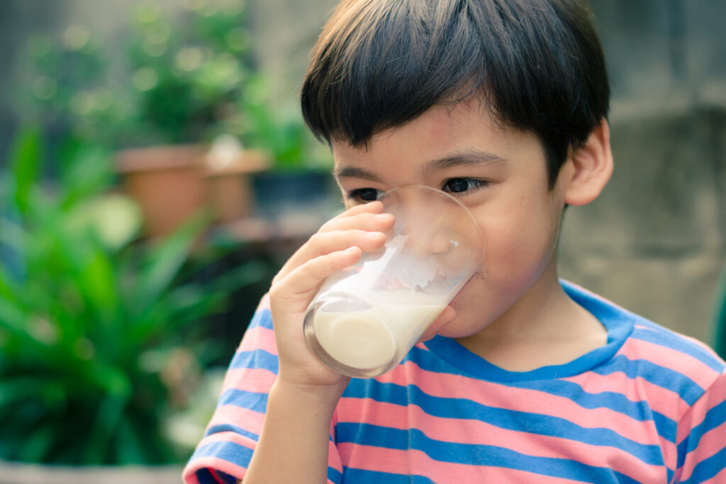 A young boy drinking milk